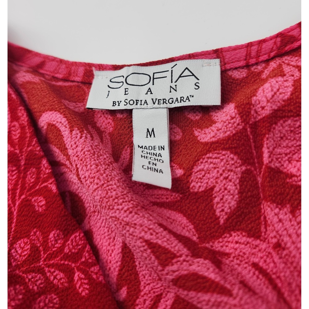 Sofia Jeans by Sofia Vergara Red Pink Floral Wrap Midi Dress Tiered Ruffle M - Picture 3 of 6